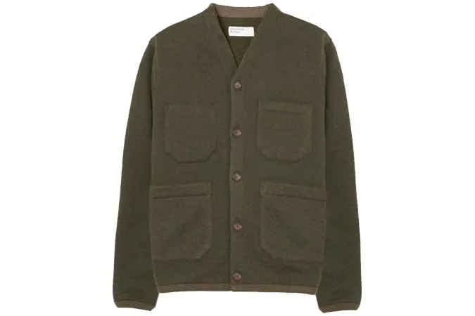 Universal works cardigan in olive wool fleece