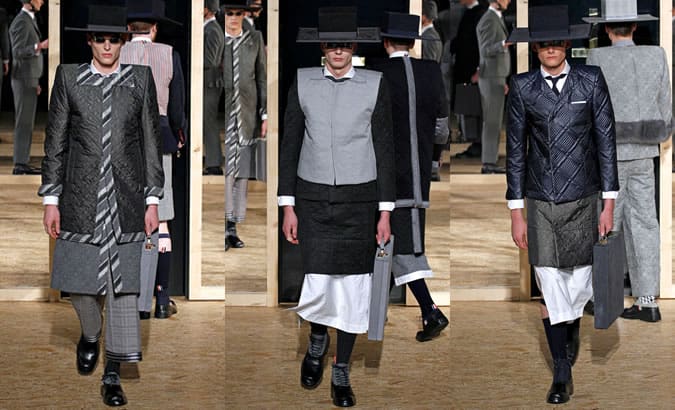 Áo khoác chần bông thom browne trên đường băng bộ sưu tập aw13
