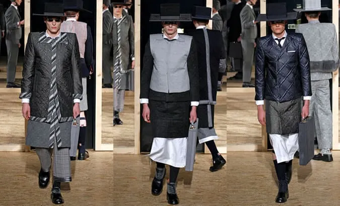 Áo khoác chần bông thom browne trên đường băng bộ sưu tập aw13