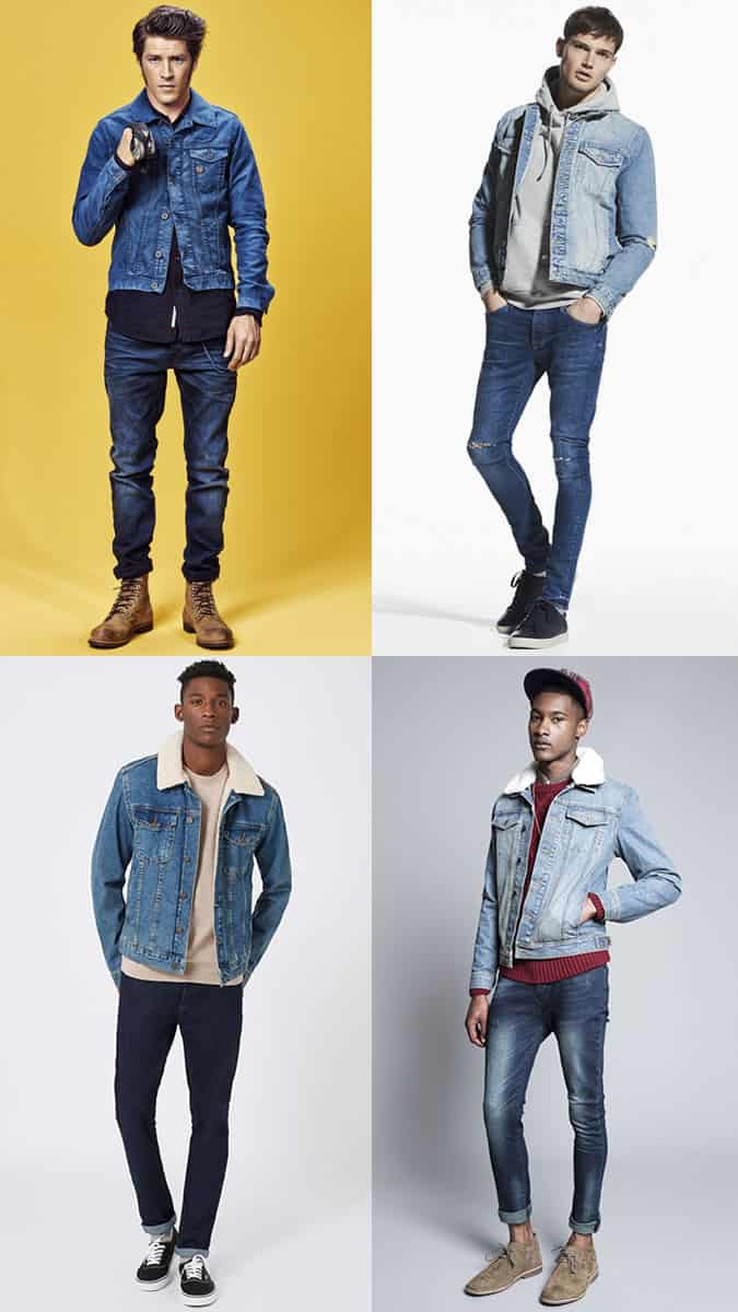 Quần jean nam màu tối với sự kết hợp trang phục áo khoác denim nhẹ giặt