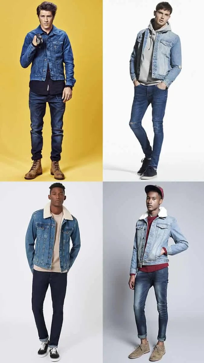 Quần jean nam màu tối với sự kết hợp trang phục áo khoác denim nhẹ giặt