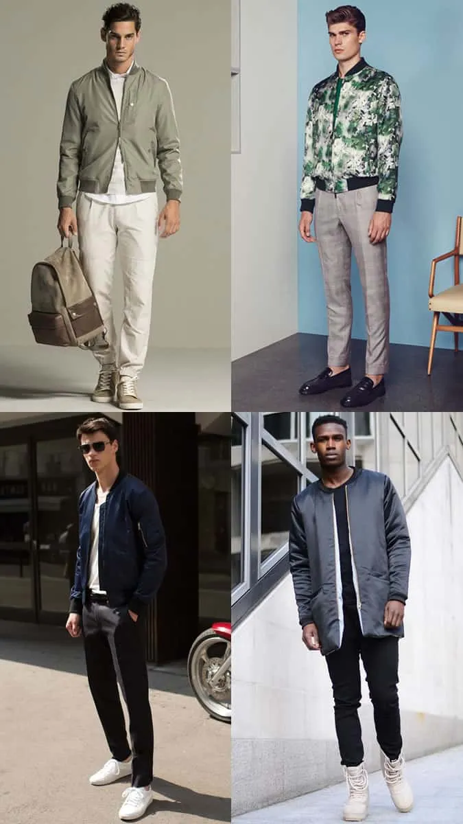 Nam giới áo khoác máy bay ném bom lụa áo khoác outfit inspiration lookbook