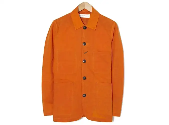 Universal works bakers jacket in orange scottish wax cotton