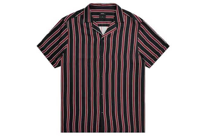 Áo sơ mi sọc viscose tay ngắn màu đen đỏ tía