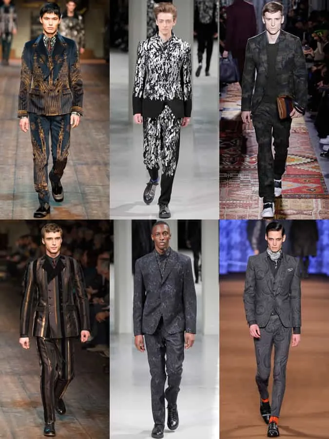 Tuyên bố, bộ quần áo có hoa văn và in trên đường băng aw14 menswear tại etro, issey miyake, valentino và dolce & gabbana