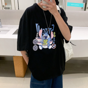 Áo thun Unisex in hình khủng long Stitch, áo thun Unisex tay lỡ from rộng Freesize vải cotton cao cấp JTeeMan JT27 Đen 2