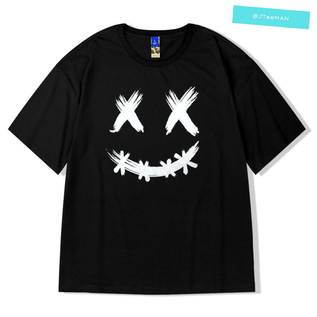 Áo thun unisex tay lỡ form rộng in họa tiết miệng cười jteeman, áo thun unisex phong cách cá tính vải cotton jt25 đen Áo thun unisex tay lỡ form rộng in họa tiết miệng cười jteeman, áo thun unisex phong cách cá tính vải cotton jt25 đen