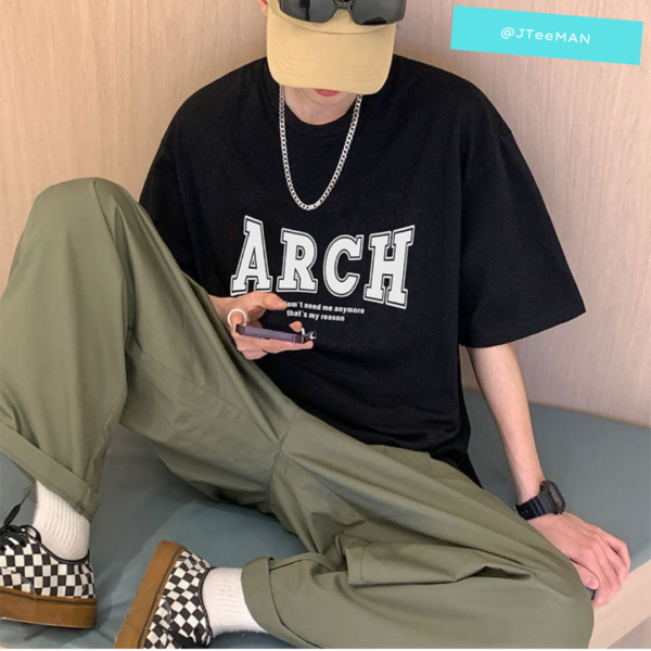 Áo thun tay ngắn cổ tròn jteeman, áo thun unisex form rộng in chữ arch phiên bản hàn quốc, áo thun nam vải cotton jt08 1