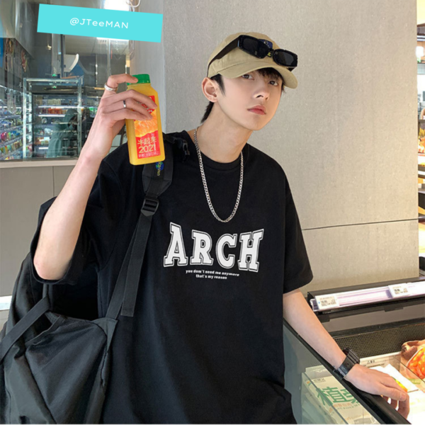 Áo thun tay ngắn cổ tròn jteeman, áo thun unisex form rộng in chữ arch phiên bản hàn quốc, áo thun nam vải cotton jt08