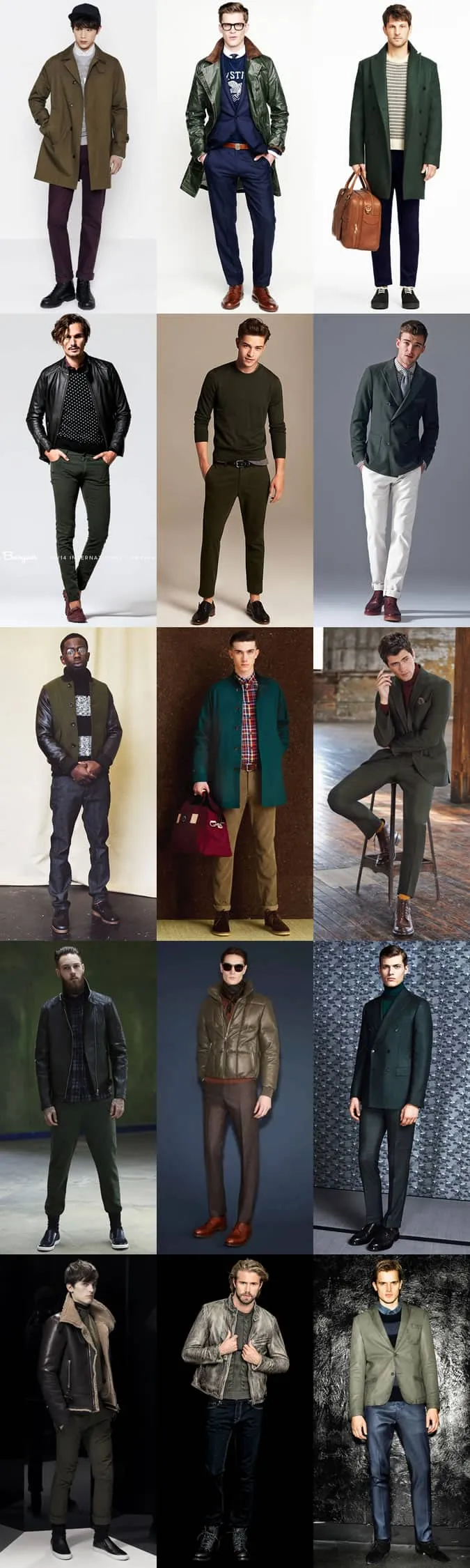Quần áo, áo khoác ngoài, đồ may đo và phụ kiện màu xanh lá cây của nam giới - lookbook lấy cảm hứng từ trang phục